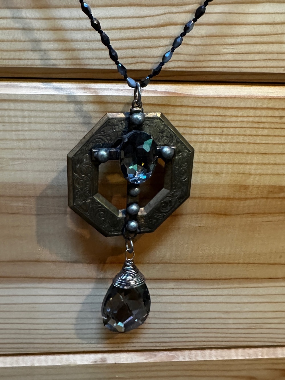 Antique-Style Black Crystal Octagon Pendant Necklace